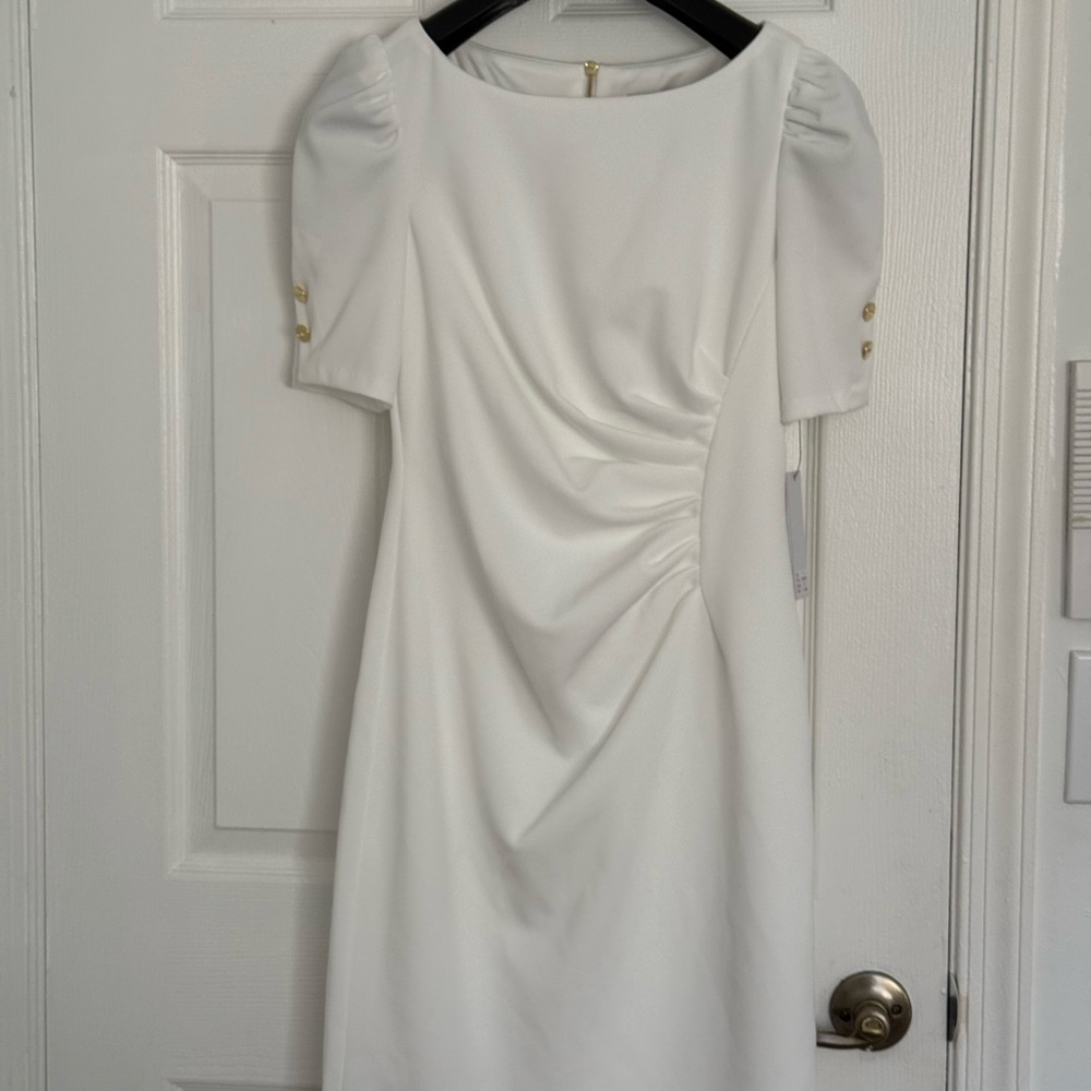 DKNY White Midi Dress with Puff Sleeves and Gold Button Detail